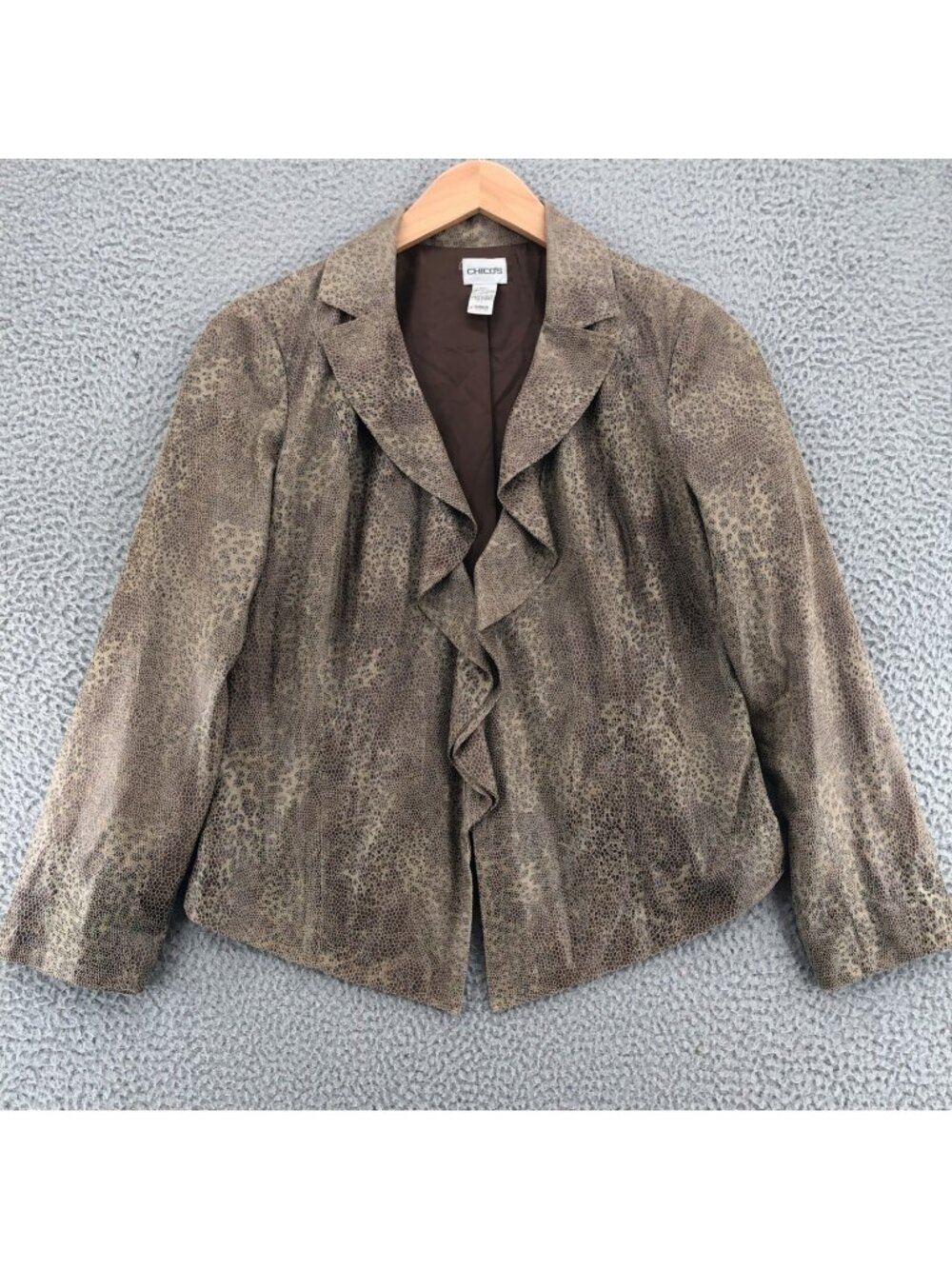 Chicos Blazer Women 1 US Medium Brown Snakeskin Ruffle Notch Lapel Jacket Career